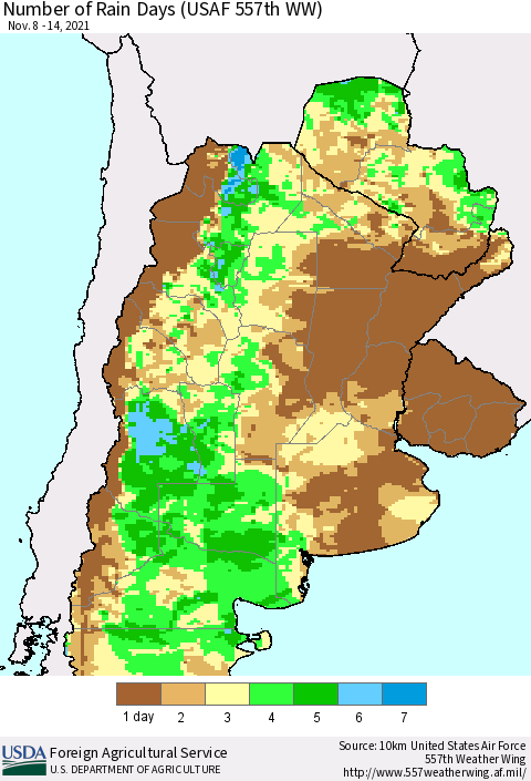 Southern South America Number of Rain Days (USAF 557th WW) Thematic Map For 11/8/2021 - 11/14/2021