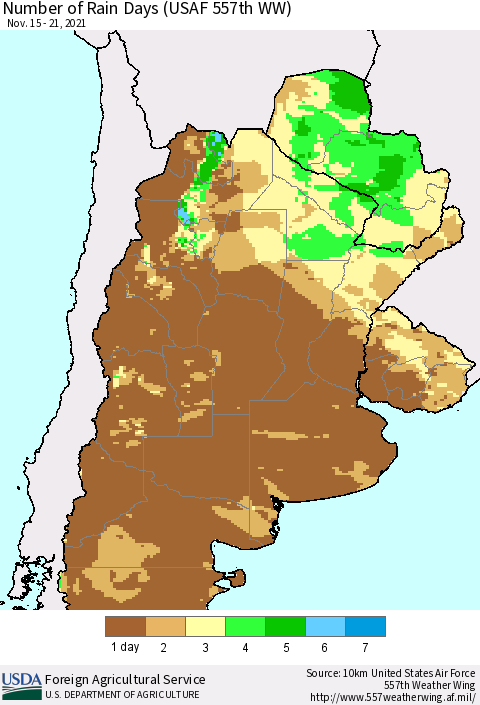Southern South America Number of Rain Days (USAF 557th WW) Thematic Map For 11/15/2021 - 11/21/2021