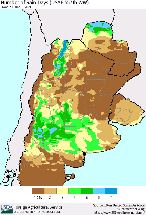 Southern South America Number of Rain Days (USAF 557th WW) Thematic Map For 11/29/2021 - 12/5/2021
