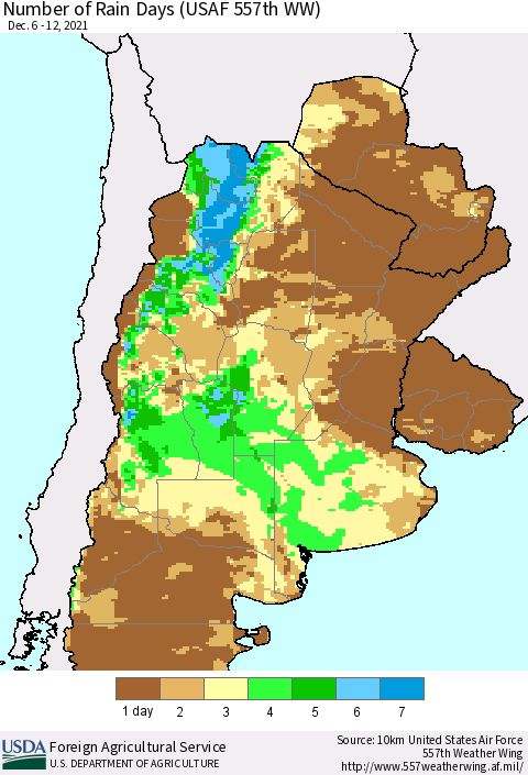 Southern South America Number of Rain Days (USAF 557th WW) Thematic Map For 12/6/2021 - 12/12/2021