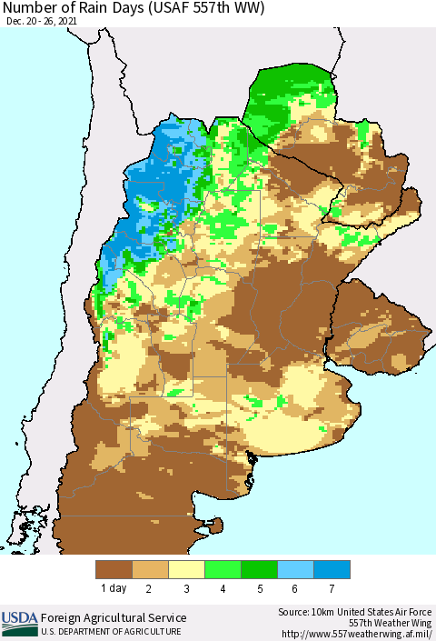Southern South America Number of Rain Days (USAF 557th WW) Thematic Map For 12/20/2021 - 12/26/2021