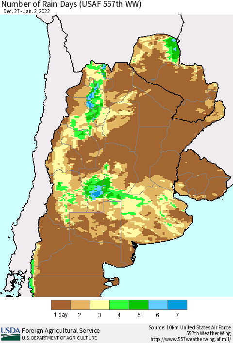 Southern South America Number of Rain Days (USAF 557th WW) Thematic Map For 12/27/2021 - 1/2/2022