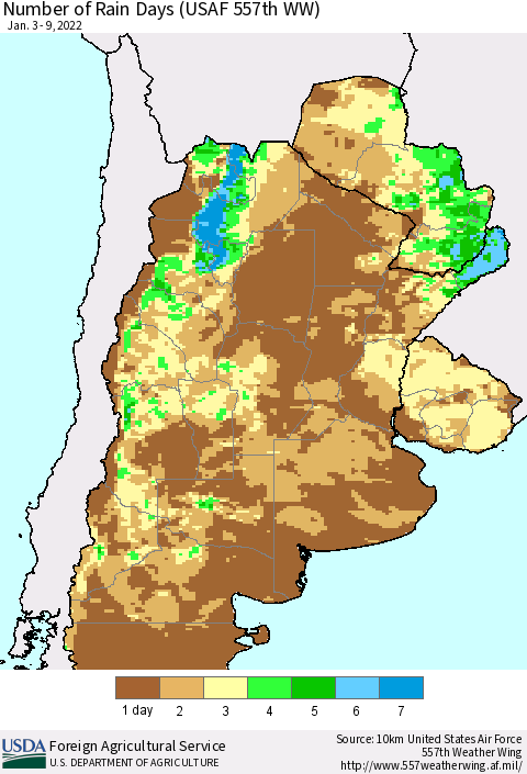 Southern South America Number of Rain Days (USAF 557th WW) Thematic Map For 1/3/2022 - 1/9/2022