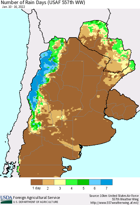 Southern South America Number of Rain Days (USAF 557th WW) Thematic Map For 1/10/2022 - 1/16/2022