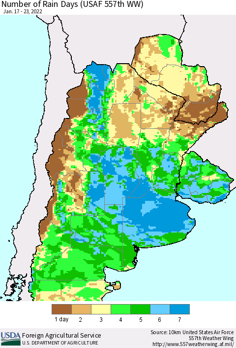 Southern South America Number of Rain Days (USAF 557th WW) Thematic Map For 1/17/2022 - 1/23/2022