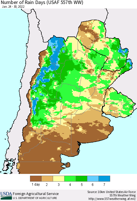 Southern South America Number of Rain Days (USAF 557th WW) Thematic Map For 1/24/2022 - 1/30/2022