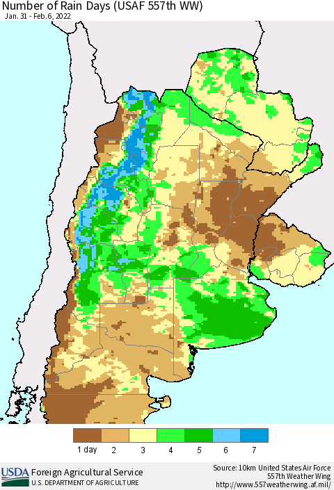 Southern South America Number of Rain Days (USAF 557th WW) Thematic Map For 1/31/2022 - 2/6/2022