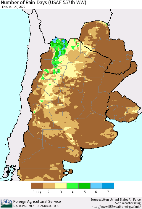 Southern South America Number of Rain Days (USAF 557th WW) Thematic Map For 2/14/2022 - 2/20/2022