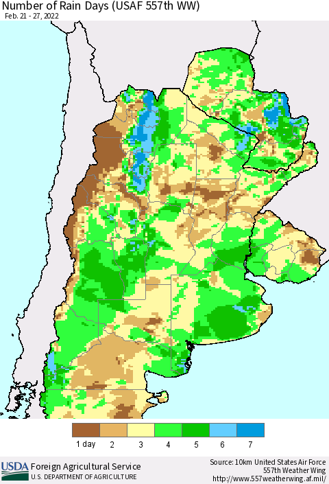 Southern South America Number of Rain Days (USAF 557th WW) Thematic Map For 2/21/2022 - 2/27/2022