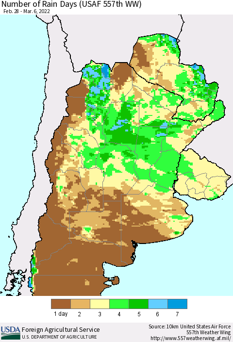 Southern South America Number of Rain Days (USAF 557th WW) Thematic Map For 2/28/2022 - 3/6/2022