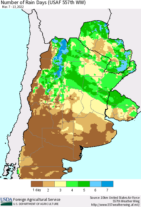 Southern South America Number of Rain Days (USAF 557th WW) Thematic Map For 3/7/2022 - 3/13/2022