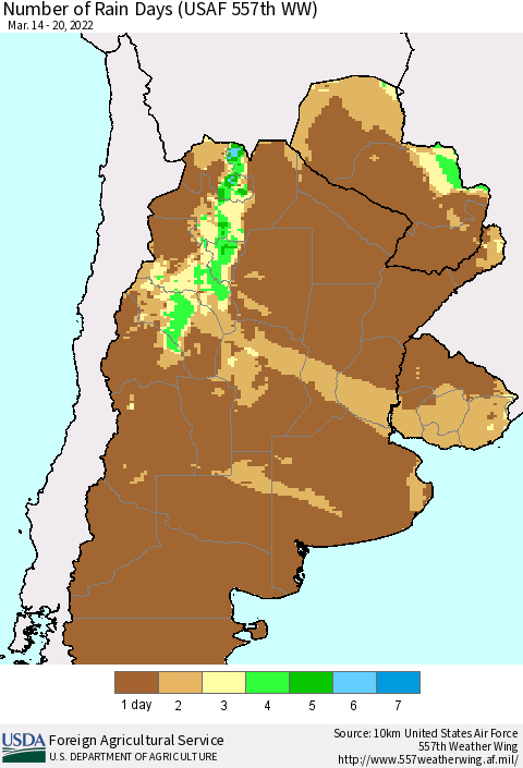Southern South America Number of Rain Days (USAF 557th WW) Thematic Map For 3/14/2022 - 3/20/2022