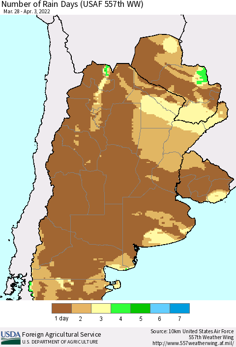 Southern South America Number of Rain Days (USAF 557th WW) Thematic Map For 3/28/2022 - 4/3/2022