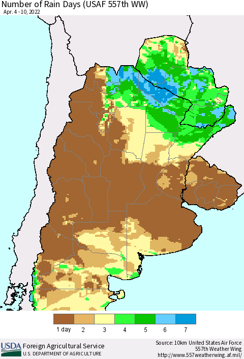 Southern South America Number of Rain Days (USAF 557th WW) Thematic Map For 4/4/2022 - 4/10/2022