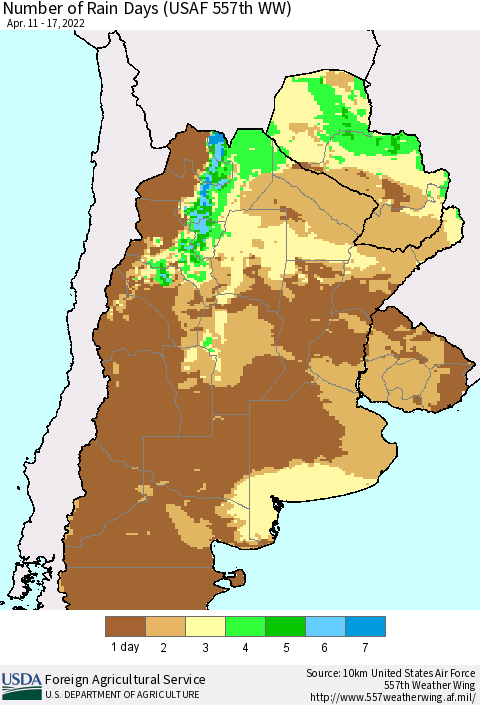 Southern South America Number of Rain Days (USAF 557th WW) Thematic Map For 4/11/2022 - 4/17/2022
