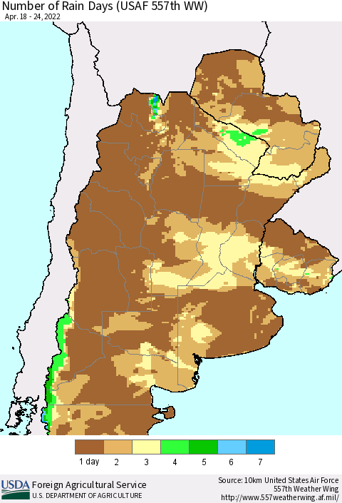 Southern South America Number of Rain Days (USAF 557th WW) Thematic Map For 4/18/2022 - 4/24/2022