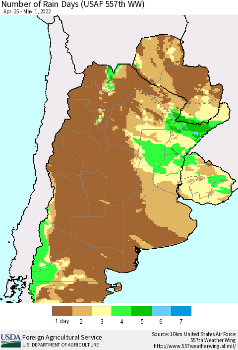 Southern South America Number of Rain Days (USAF 557th WW) Thematic Map For 4/25/2022 - 5/1/2022