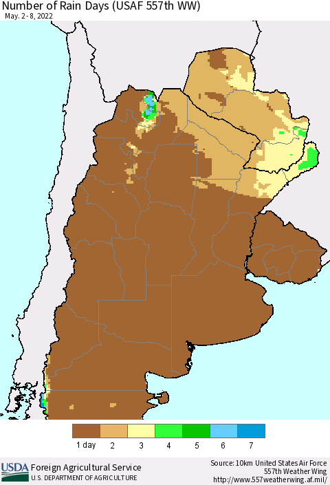 Southern South America Number of Rain Days (USAF 557th WW) Thematic Map For 5/2/2022 - 5/8/2022