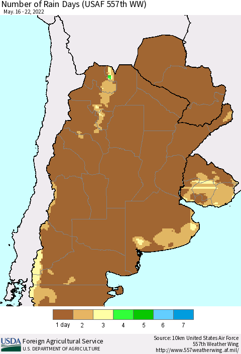 Southern South America Number of Rain Days (USAF 557th WW) Thematic Map For 5/16/2022 - 5/22/2022