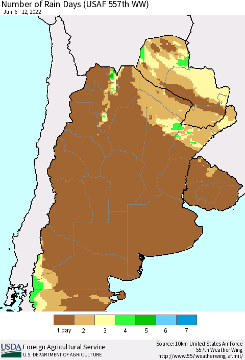 Southern South America Number of Rain Days (USAF 557th WW) Thematic Map For 6/6/2022 - 6/12/2022