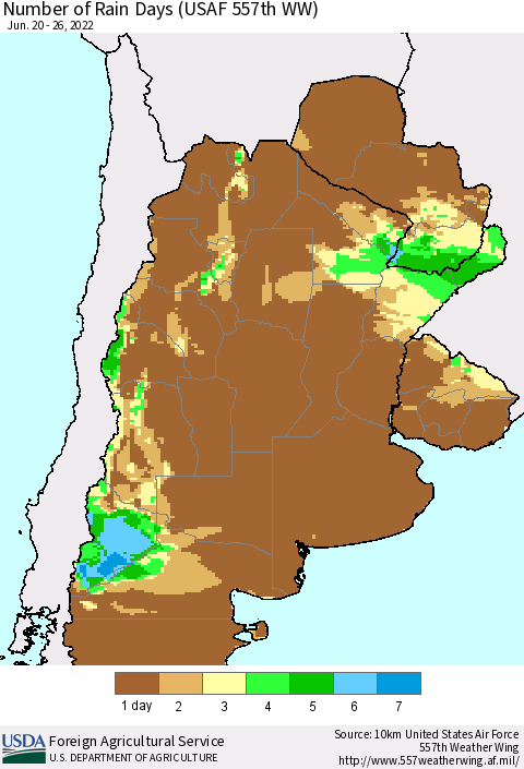 Southern South America Number of Rain Days (USAF 557th WW) Thematic Map For 6/20/2022 - 6/26/2022
