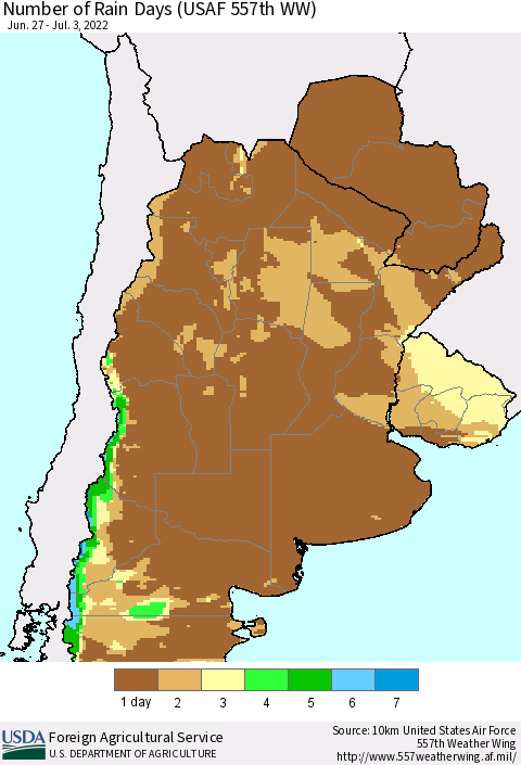 Southern South America Number of Rain Days (USAF 557th WW) Thematic Map For 6/27/2022 - 7/3/2022