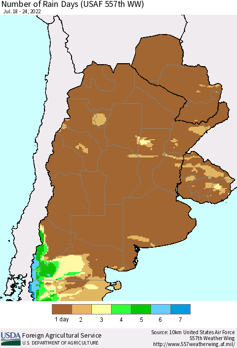 Southern South America Number of Rain Days (USAF 557th WW) Thematic Map For 7/18/2022 - 7/24/2022