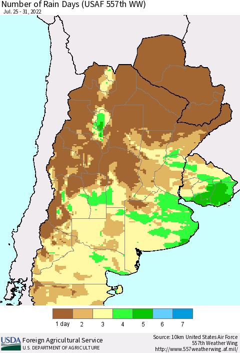 Southern South America Number of Rain Days (USAF 557th WW) Thematic Map For 7/25/2022 - 7/31/2022