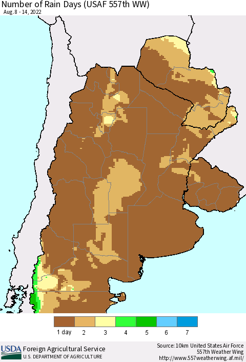Southern South America Number of Rain Days (USAF 557th WW) Thematic Map For 8/8/2022 - 8/14/2022
