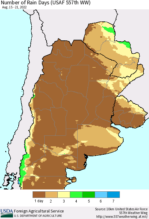 Southern South America Number of Rain Days (USAF 557th WW) Thematic Map For 8/15/2022 - 8/21/2022