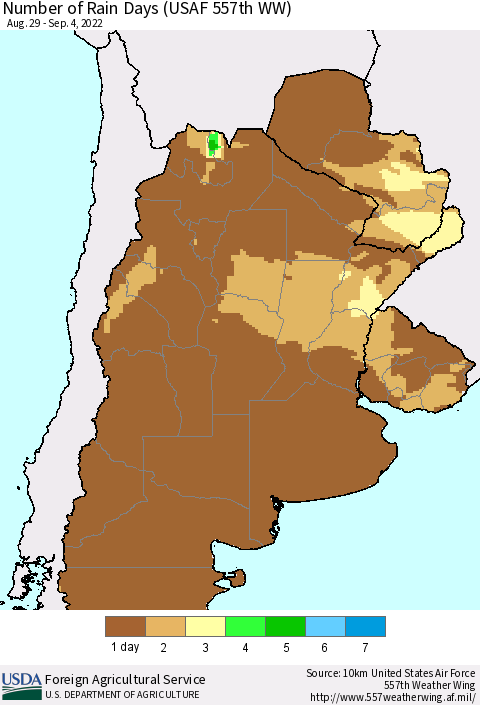 Southern South America Number of Rain Days (USAF 557th WW) Thematic Map For 8/29/2022 - 9/4/2022