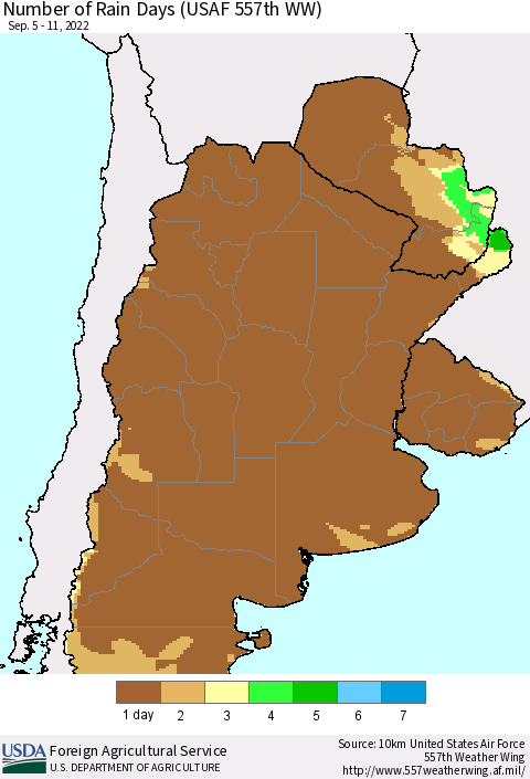 Southern South America Number of Rain Days (USAF 557th WW) Thematic Map For 9/5/2022 - 9/11/2022