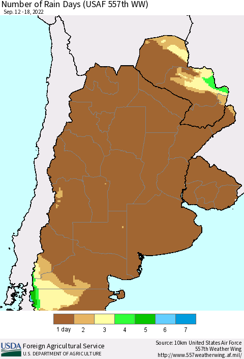 Southern South America Number of Rain Days (USAF 557th WW) Thematic Map For 9/12/2022 - 9/18/2022