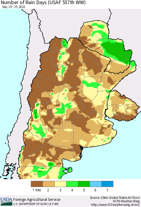 Southern South America Number of Rain Days (USAF 557th WW) Thematic Map For 9/19/2022 - 9/25/2022