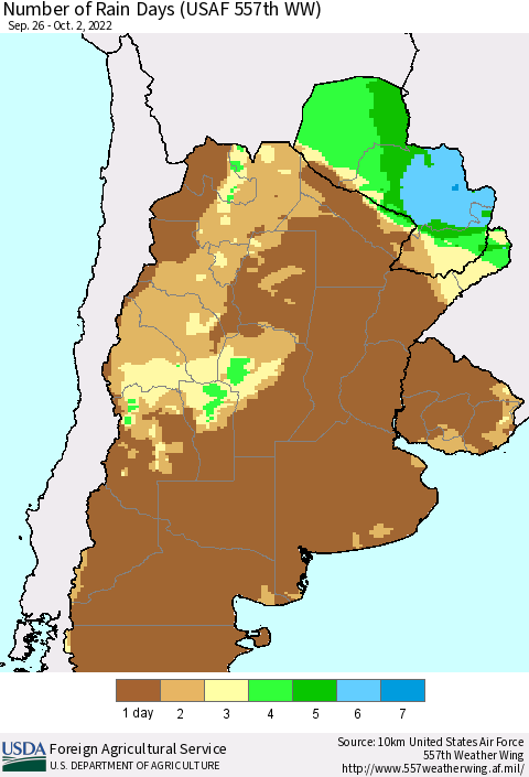 Southern South America Number of Rain Days (USAF 557th WW) Thematic Map For 9/26/2022 - 10/2/2022