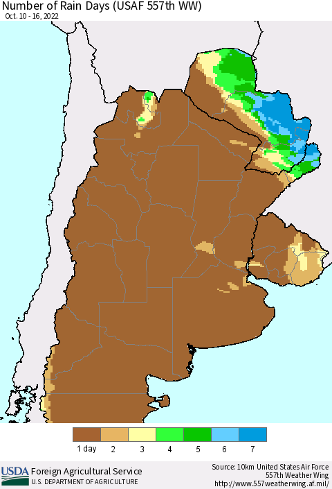 Southern South America Number of Rain Days (USAF 557th WW) Thematic Map For 10/10/2022 - 10/16/2022