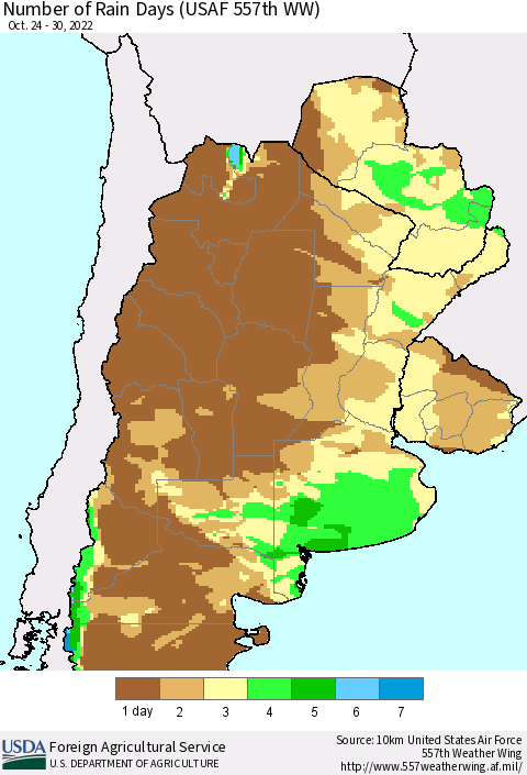 Southern South America Number of Rain Days (USAF 557th WW) Thematic Map For 10/24/2022 - 10/30/2022