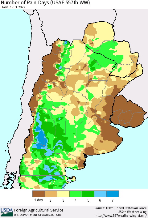Southern South America Number of Rain Days (USAF 557th WW) Thematic Map For 11/7/2022 - 11/13/2022
