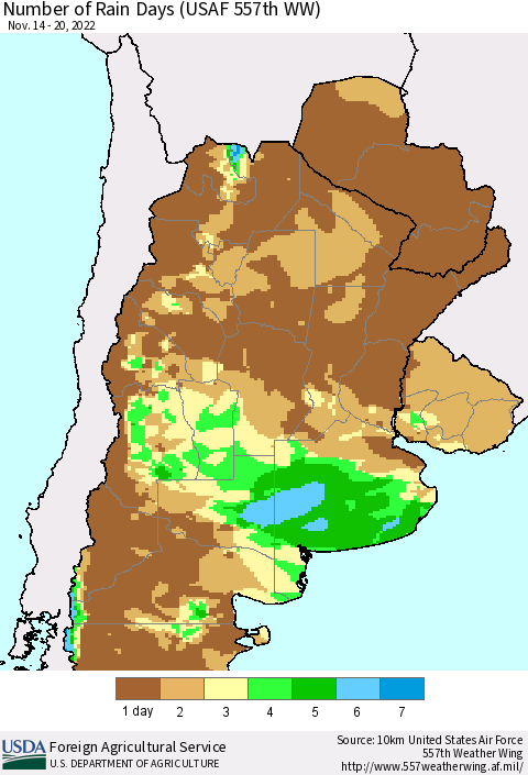 Southern South America Number of Rain Days (USAF 557th WW) Thematic Map For 11/14/2022 - 11/20/2022