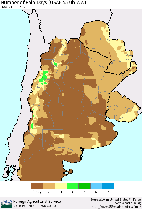 Southern South America Number of Rain Days (USAF 557th WW) Thematic Map For 11/21/2022 - 11/27/2022