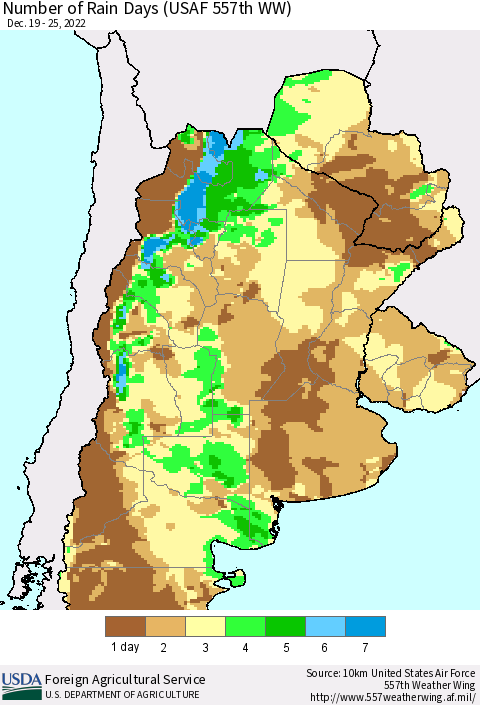 Southern South America Number of Rain Days (USAF 557th WW) Thematic Map For 12/19/2022 - 12/25/2022
