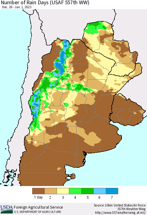 Southern South America Number of Rain Days (USAF 557th WW) Thematic Map For 12/26/2022 - 1/1/2023