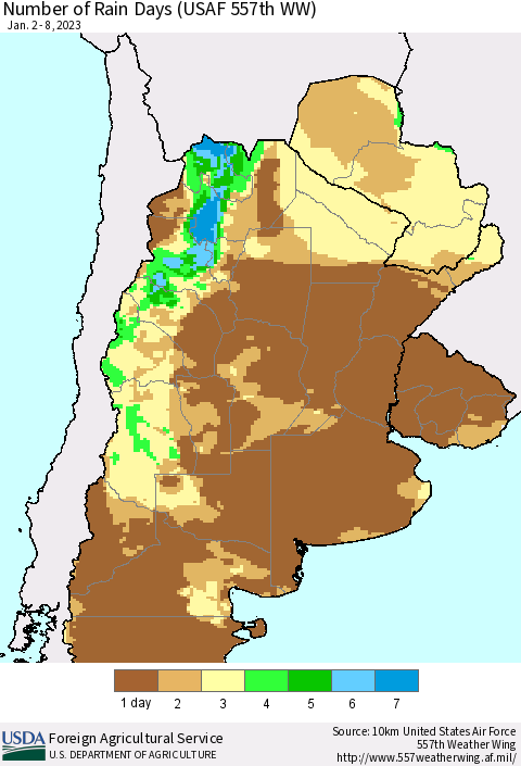 Southern South America Number of Rain Days (USAF 557th WW) Thematic Map For 1/2/2023 - 1/8/2023