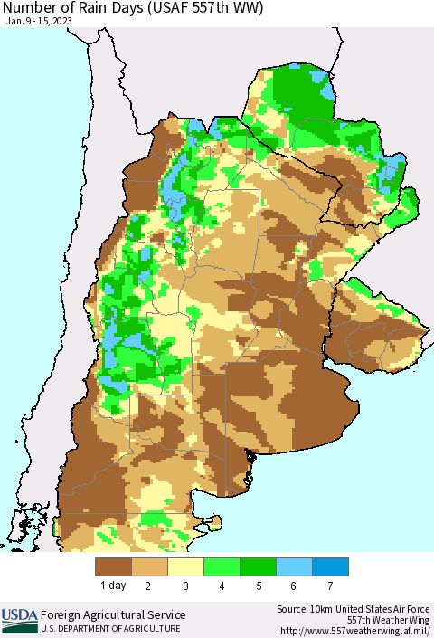 Southern South America Number of Rain Days (USAF 557th WW) Thematic Map For 1/9/2023 - 1/15/2023