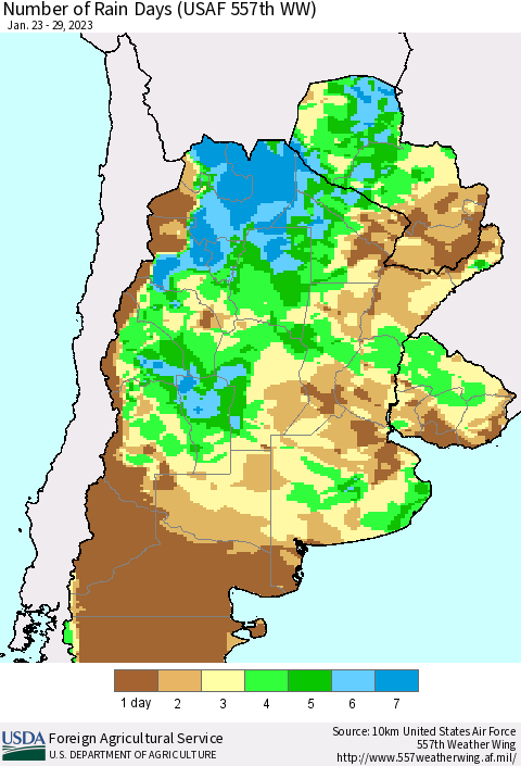 Southern South America Number of Rain Days (USAF 557th WW) Thematic Map For 1/23/2023 - 1/29/2023