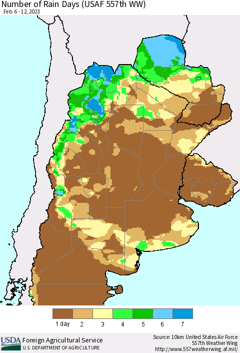 Southern South America Number of Rain Days (USAF 557th WW) Thematic Map For 2/6/2023 - 2/12/2023