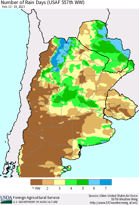 Southern South America Number of Rain Days (USAF 557th WW) Thematic Map For 2/13/2023 - 2/19/2023