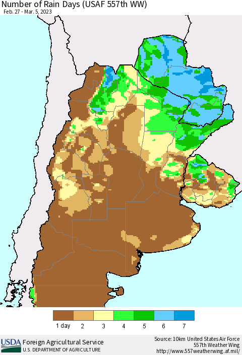 Southern South America Number of Rain Days (USAF 557th WW) Thematic Map For 2/27/2023 - 3/5/2023