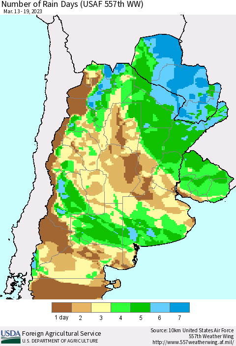 Southern South America Number of Rain Days (USAF 557th WW) Thematic Map For 3/13/2023 - 3/19/2023