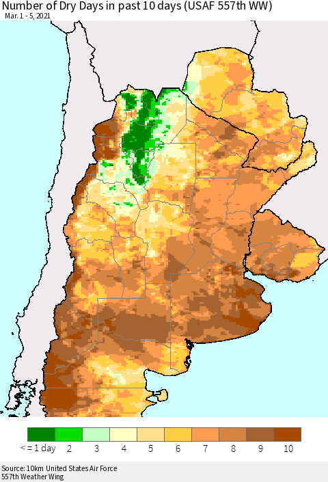 Southern South America Number of Dry Days in past 10 days (USAF 557th WW) Thematic Map For 3/1/2021 - 3/5/2021